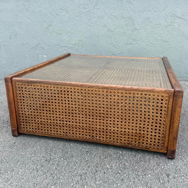 Wood Vintage Boho Chic Cane and Oak Glass Top Coffee Table For Sale - Image 7 of 9