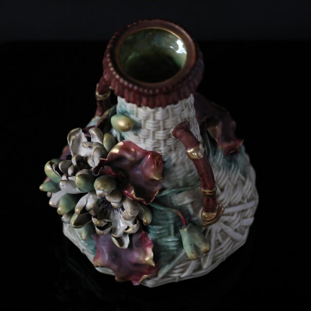 Ceramic Amphora Turn-Teplitz Art Nouveau Basket-Weave Floral Vase Circa 1900 For Sale - Image 7 of 14