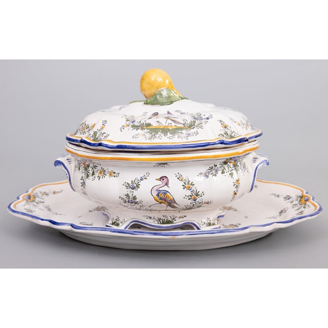 Antique French Renoleau Faience Pear Lidded Bird Soup Tureen With Platter For Sale - Image 18 of 18
