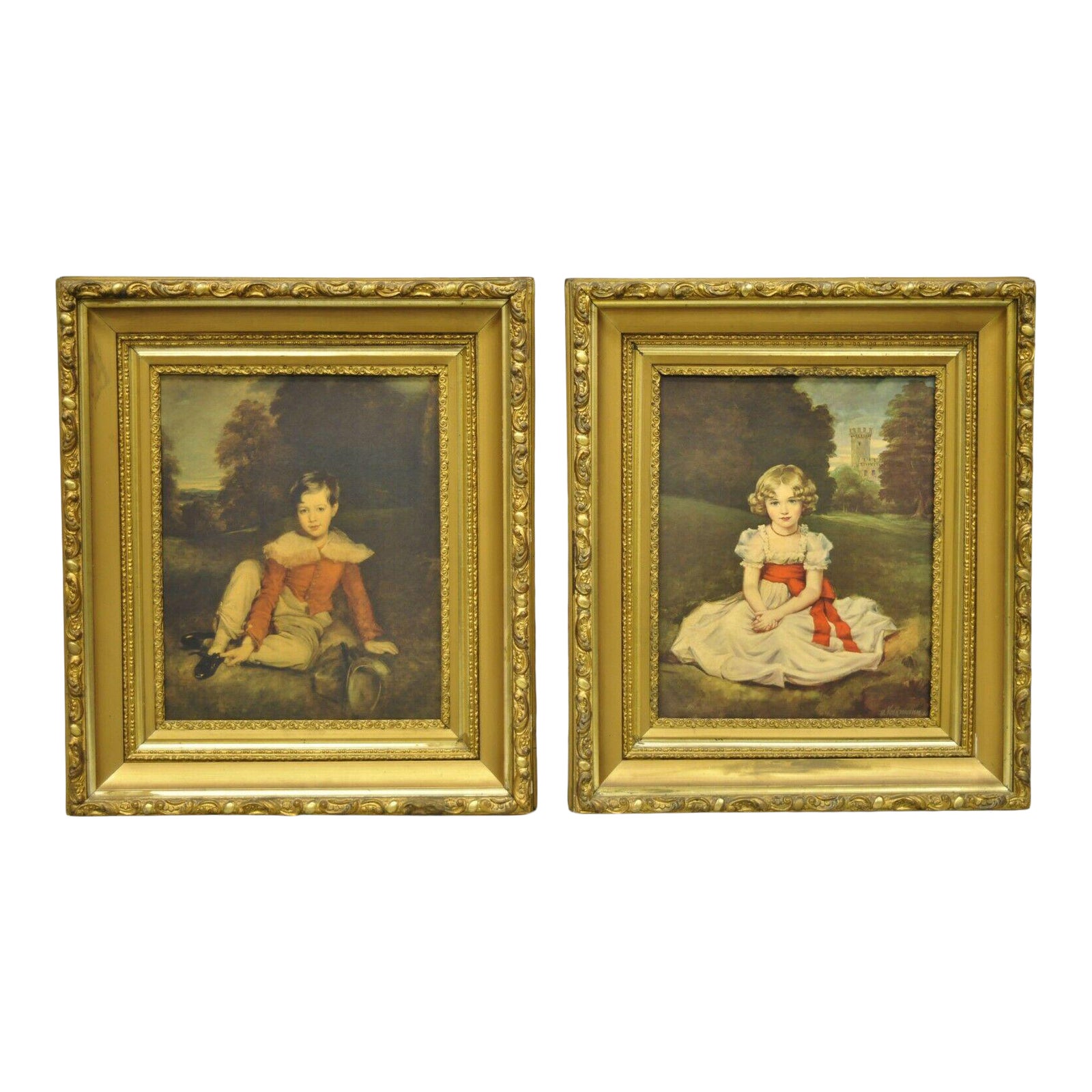 vintage gold framed hans volkmann art print little princess girl lord seaham boy chairish