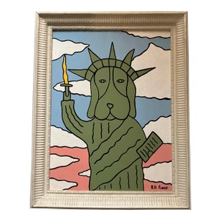 Contemporary Original B.D.Floyd “Liberty Dog” Folk Art Painting Vintage Frame For Sale
