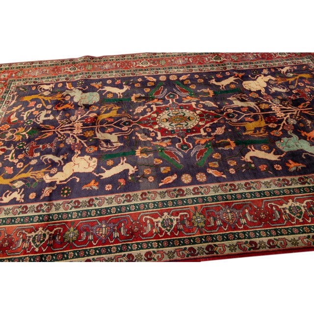 1950s Vintage Shiraz Handmade Pictorial Designed Blue Wool Rug For Sale - Image 5 of 11