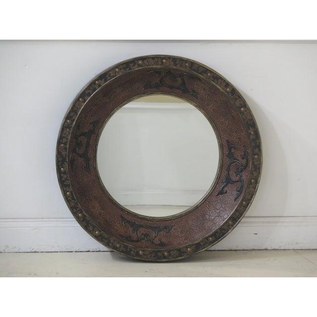 Glass Round Decorative Textured Leather Mirror For Sale - Image 7 of 7