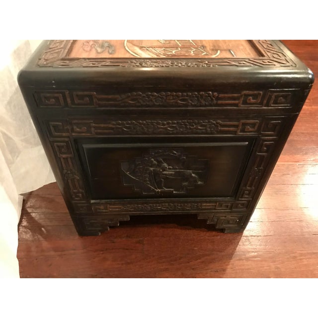 1900s Antique Chinese Inlaid Stone Camphor Wood Carved Trunk For Sale - Image 4 of 8