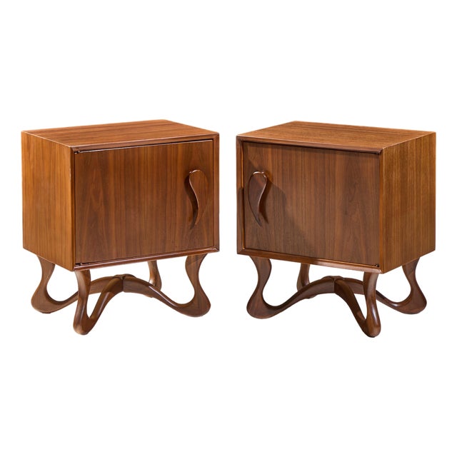 Vladimir Kagan Style Mid Century Sculpted Walnut Nightstands - Pair For Sale