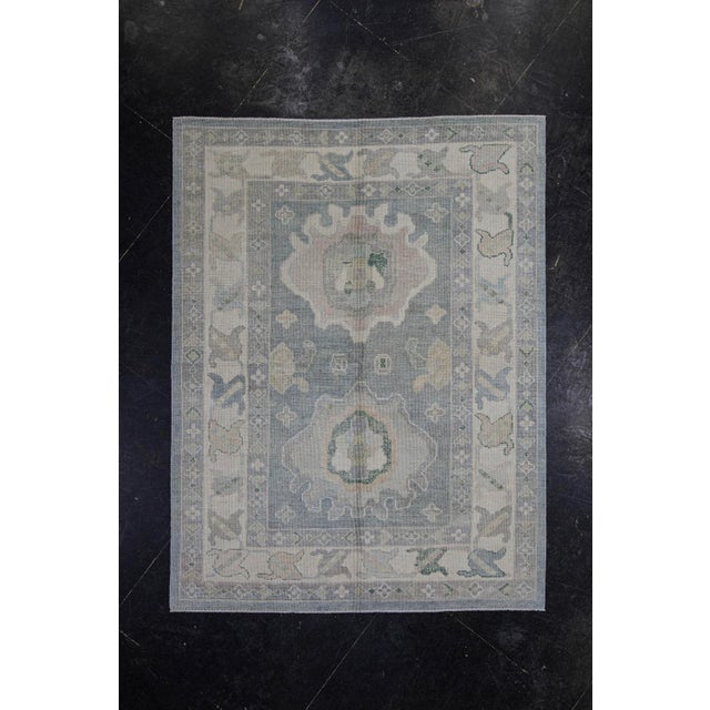 Ivory Turkish Oushak Rug Faded Blue Ivory Handwoven Wool Rug 5'5" X 7' For Sale - Image 8 of 8