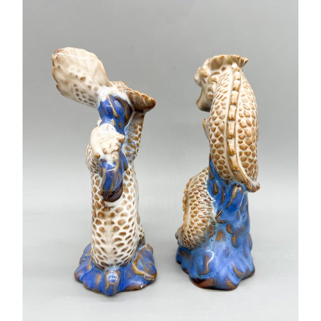 Mid 20th Century Pair of Vintage Ceramic Asian Style Dragons on Cobalt Blue Waves – Sculptural Figurines - Chinoiserie, Mid Century Modern Eclectic, Hollywood Regency For Sale - Image 5 of 13