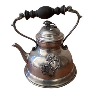 Antique French Etain d'Art Titre Pewter Flower Teapot With Wooden Handle For Sale