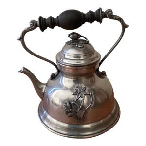 Antique French Etain d'Art Titre Pewter Flower Teapot With Wooden Handle