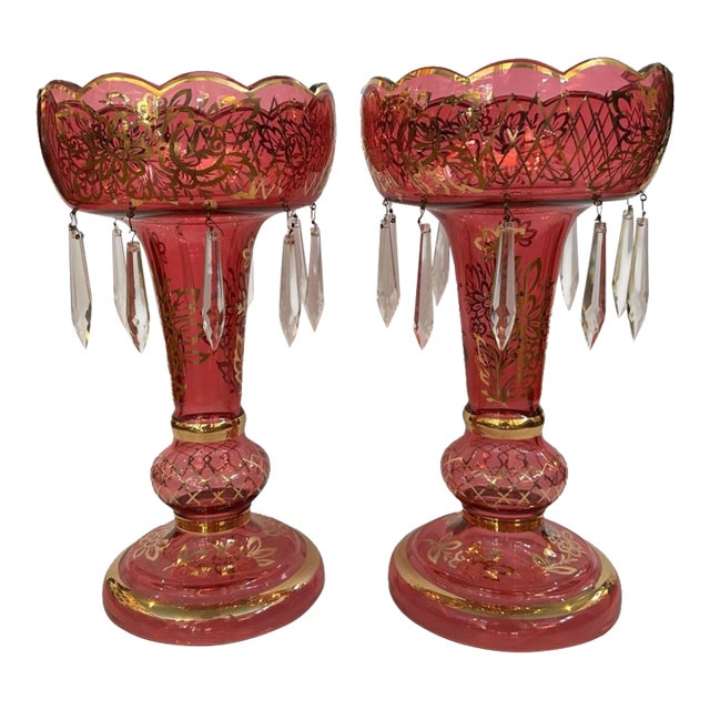 Pair of Large Late 19th Century Pink and Gilt Lustres For Sale