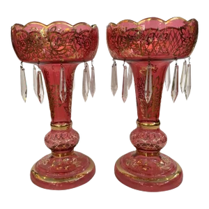 Pair of Large Late 19th Century Pink and Gilt Lustres
