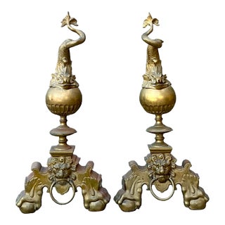 Vintage Brass Koi Andirons - A Pair For Sale