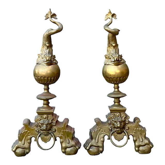 Vintage Brass Koi Andirons - A Pair For Sale