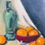 A refined vintage still life centered on a grouping of oranges resting in a deep red bowl, accompanied by a green glass...