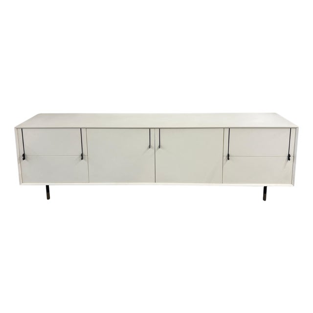BDDW Lake Credenza White Lacquer Ebonized Hardware Walnut Interiors, Attributed For Sale