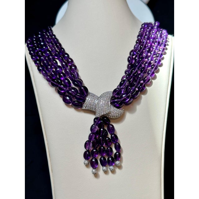 700 Ct Natural Amethyst Multi Layer Bead Necklace in Platinum with 9 Ct Diamonds For Sale - Image 13 of 18