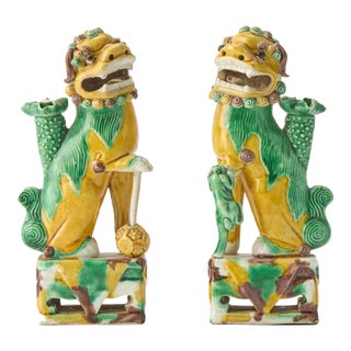Sancai Guardians: Pair of Chinese Kangxi Biscuit Porcelain Fu Lions For Sale
