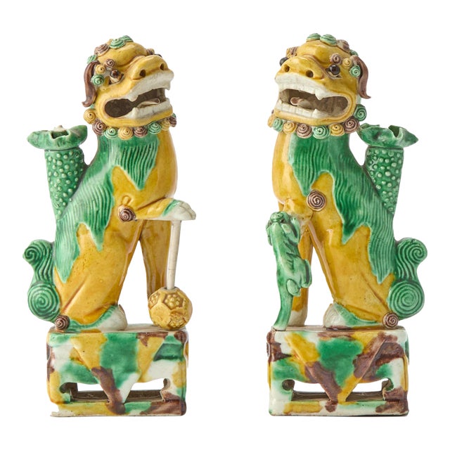 Sancai Guardians: Pair of Chinese Kangxi Biscuit Porcelain Fu Lions For Sale