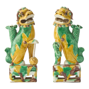 Sancai Guardians: Pair of Chinese Kangxi Biscuit Porcelain Fu Lions