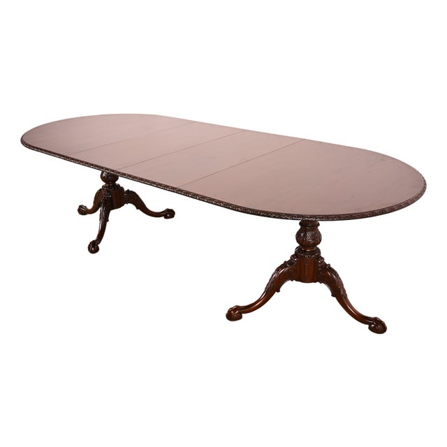 19th Century Antique Georgian Carved Mahogany Double Pedestal Extension Dining Table, Newly Refinished For Sale