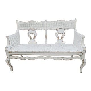 French Country Settee With Cane Accent and Rush Seat For Sale