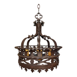Rare Antique Cast and Forged Bronzed Iron Chandelier With Flowers For Sale