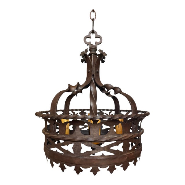 Rare Antique Cast and Forged Bronzed Iron Chandelier With Flowers For Sale