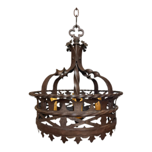 Rare Antique Cast and Forged Bronzed Iron Chandelier With Flowers