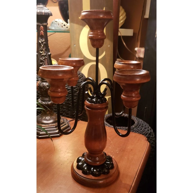 1960s Vintage Wood and Iron 5 Arm Candelabra For Sale - Image 10 of 10