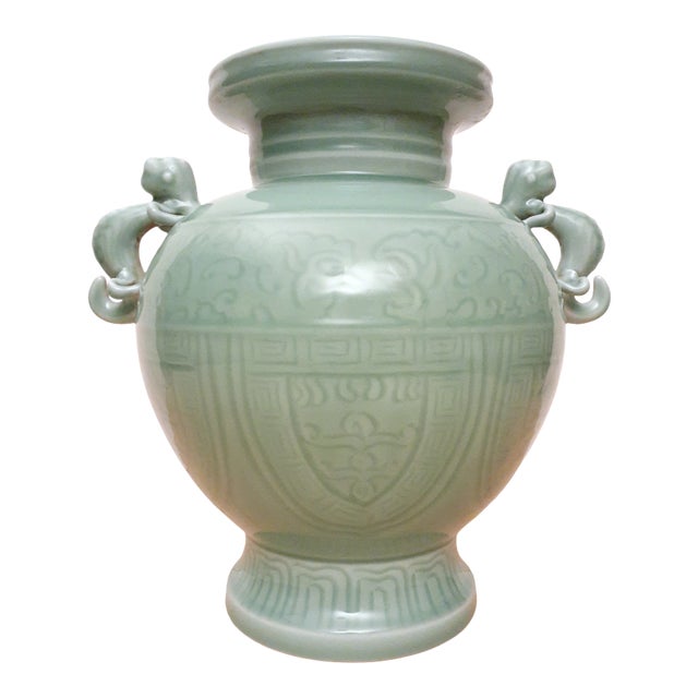 Early 20th Century Chinese Porcelain Celadon Dragon Handled Vase For Sale