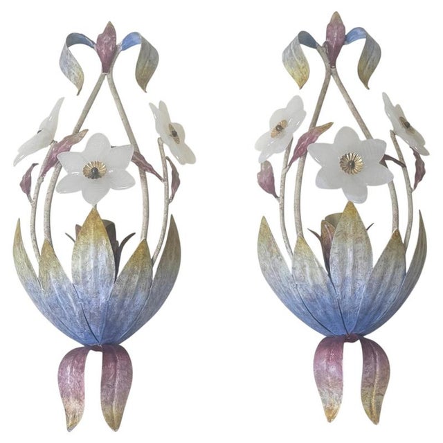 Italian Hollywood Regency Murano Glass Flower Wall Sconces, 1970s, Set of 2 For Sale - Image 17 of 17