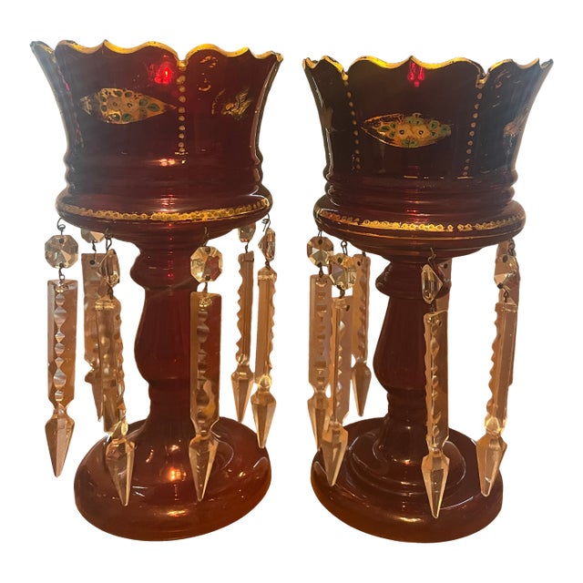 Pair of Bohemian Ruby Cranberry Glass Mantle Lusters With Gold Bird and Peacock Motifs and Crystal Prisms For Sale