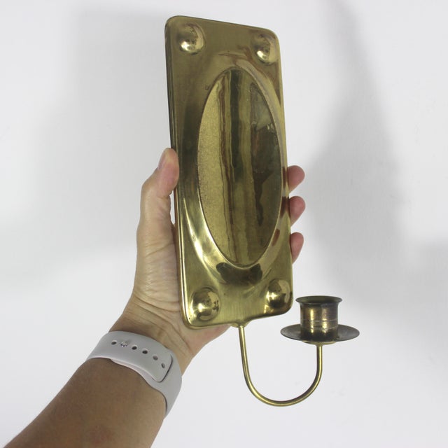 Set of Two Vintage Danish Mid-Century Modern Brass Candle Holders Wall Sconces Scandinavian Denmark For Sale - Image 4 of 10