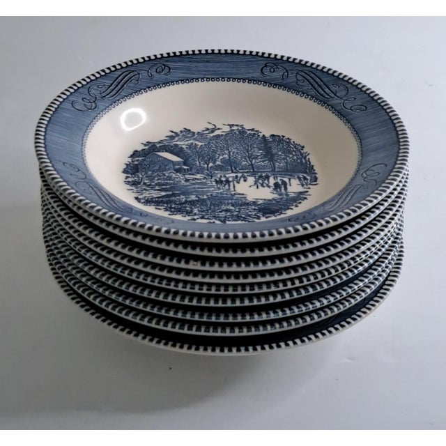 Royal Blue Currier & Ives Blue by Royal 8.5" Rimmed Cereal Soup Bowl Early Winter Set of 10 For Sale - Image 8 of 13