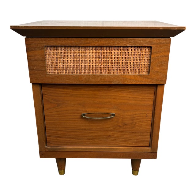 Mid 20th Century Single Mid-Century Modern Cane and Walnut Nightstand For Sale