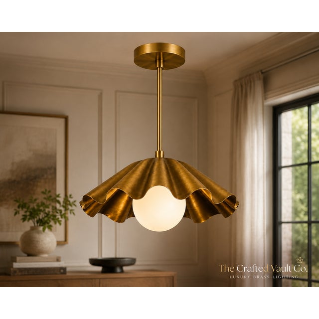 Brass Scalloped Brass Pendant Light, Handcrafted Solid Brass Scalloped Pendant With Opal Glass Globe For Sale - Image 8 of 12