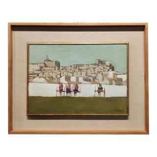 Nicola Simbari -Old Town Landscape With Wine Carts-1956 Oil Painting For Sale