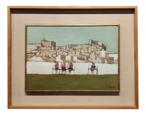 Nicola Simbari -Old Town Landscape With Wine Carts-1956 Oil Painting