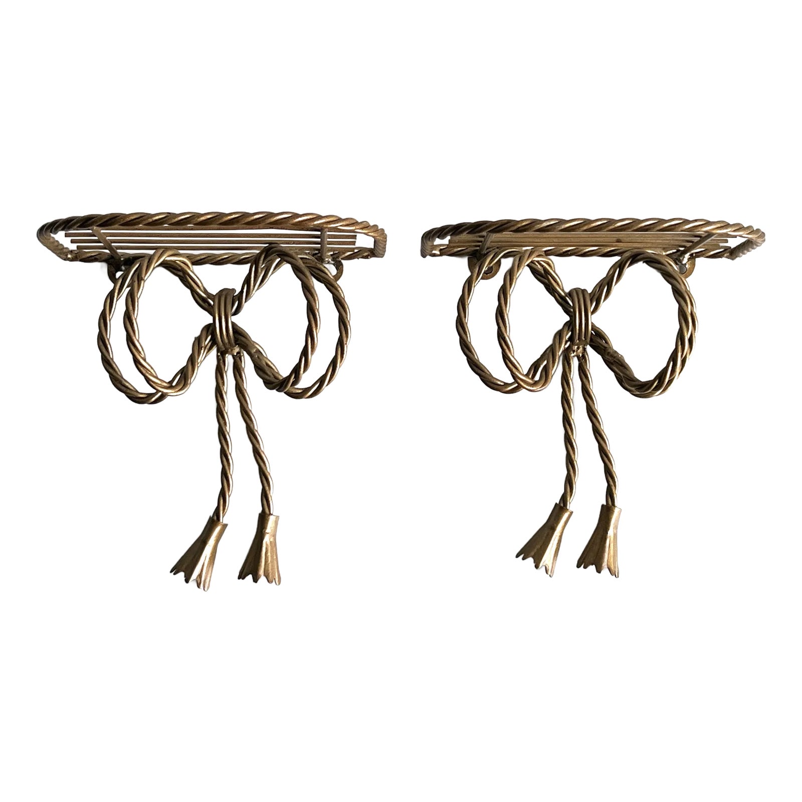 Pair of Vintage Italian Gold Rope Ribbon and Tassel Wall Shelves
