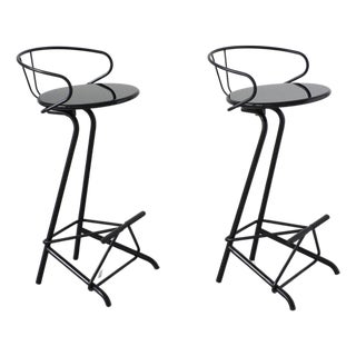 Italian Bar Stools in Black Lacquer and Black Metal, 1980s, Set of 2 For Sale