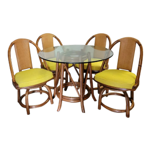 Organic Modern Rattan Dining Set With Four Swivel Chairs and Glass Top Table