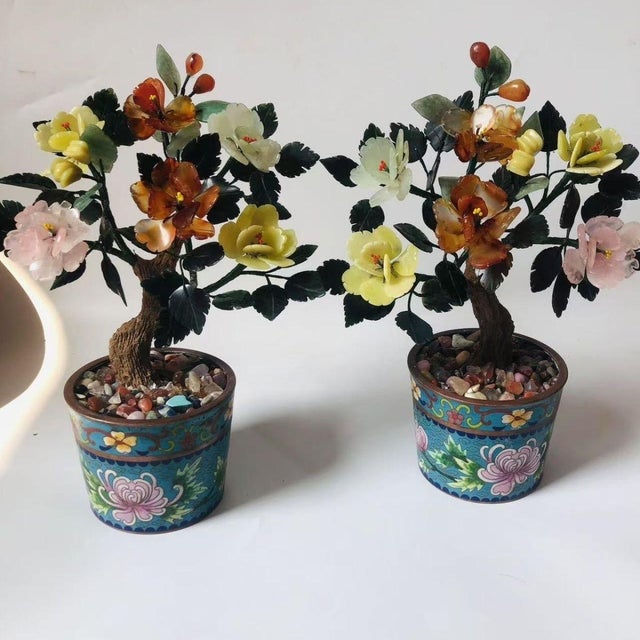 This is a striking pair of vintage gemstone bonsai trees, each presented in a cloisonné enamel planter. The tree's...