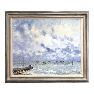 Mid-Century French Marine Oil on Canvas Normandy Painting by Jacques Bouyssou For Sale
