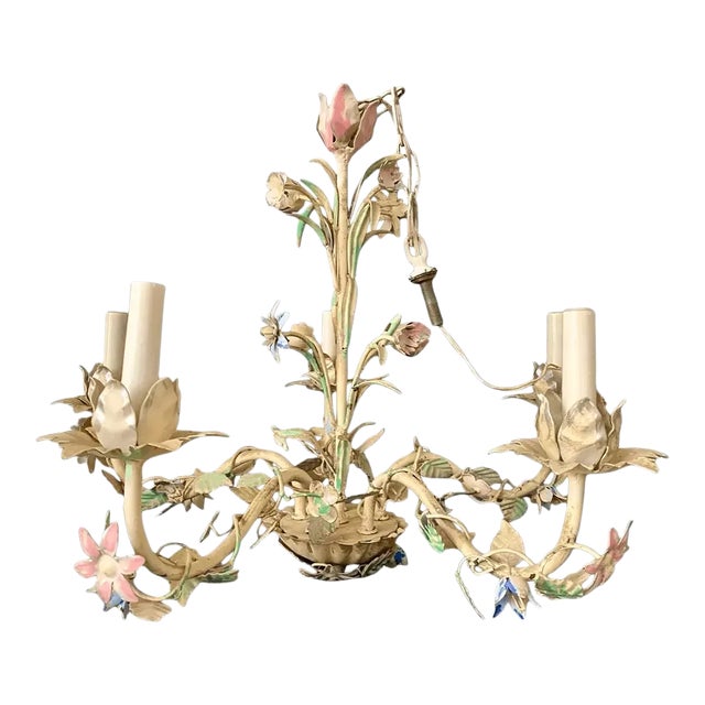 Pastel Pink, Blue and Mint Shabby Chic Florence Style Wrought Chandelier, 1960s For Sale