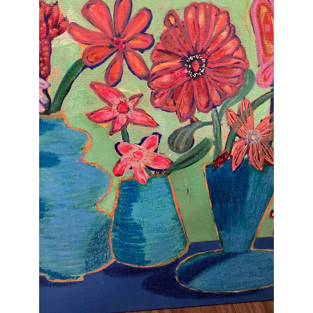 Abstract Floral Still Life Painting, Colorful Modern Vase Art, MCM Style, Original 8x8 Teal Blue For Sale In Los Angeles - Image 6 of 8