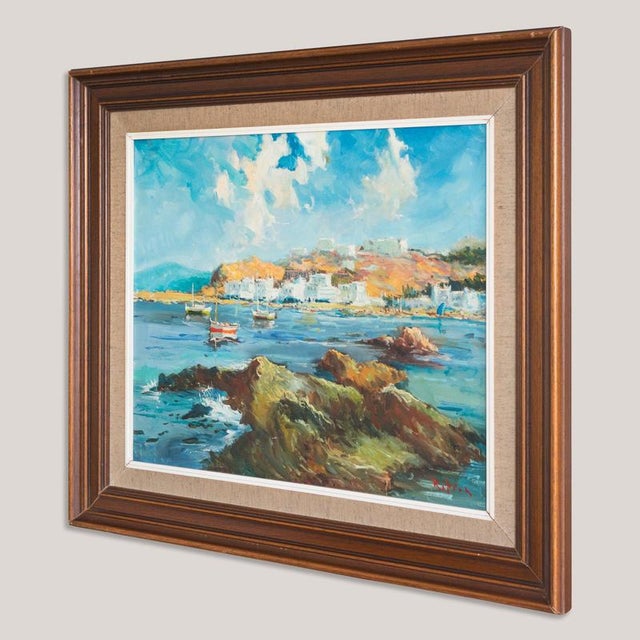 Port of Llança Coastal Harbour Scene, Oil Painting on Canvas, Framed For Sale - Image 4 of 11