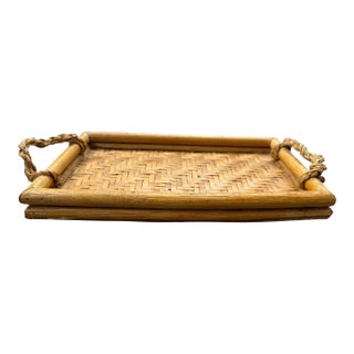 Vintage Chinese Woven Bamboo Serving Tray With Rope Handles | Herringbone Weave For Sale