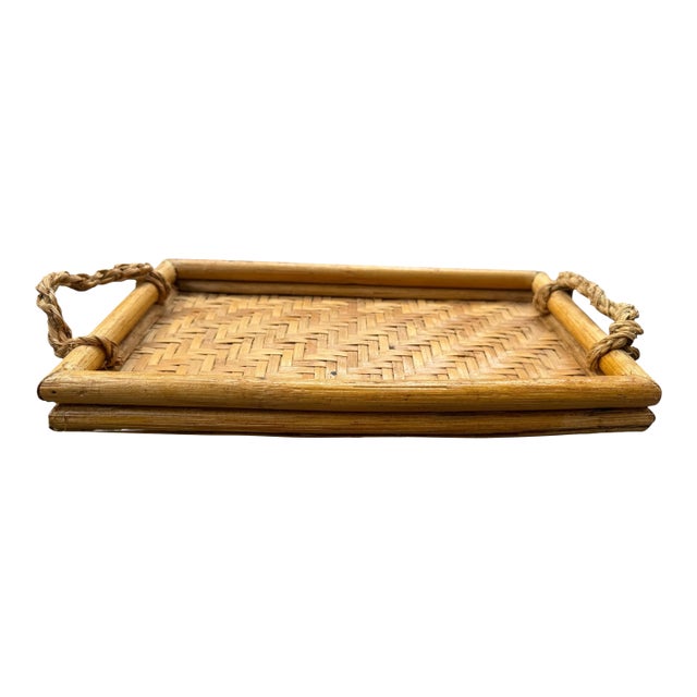 Vintage Chinese Woven Bamboo Serving Tray With Rope Handles | Herringbone Weave For Sale