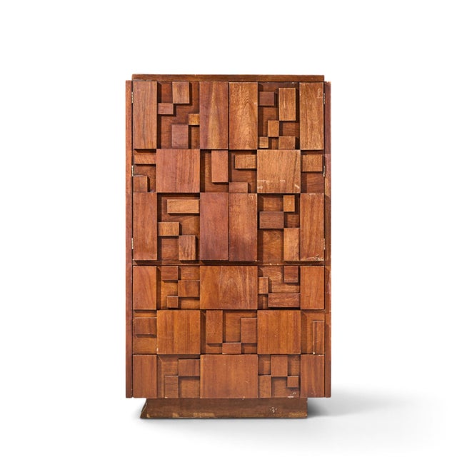 Lane Staccato Brutalist Mid Century Walnut Armoire Highboy Dresser This armoire measures: 38 wide x 18.5 deep x 64 inches...