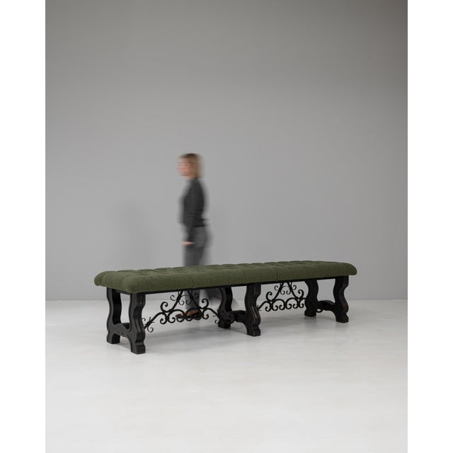 20th Century Spanish Wooden And Metal Bench With Upholstered Seat For Sale - Image 4 of 18
